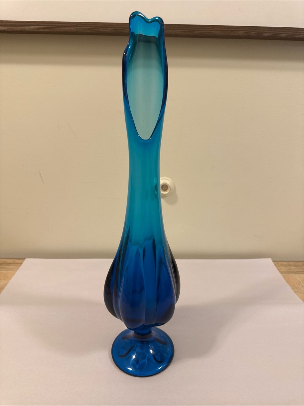 Vintage MCM Viking Glass Epic Blue Bluenique Six Petal Footed 18 3/4”Swung Vase